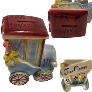 Vintage Ceramic Just Married Honeymoon Fund Buggy/Car Bank Collectible Adorable
